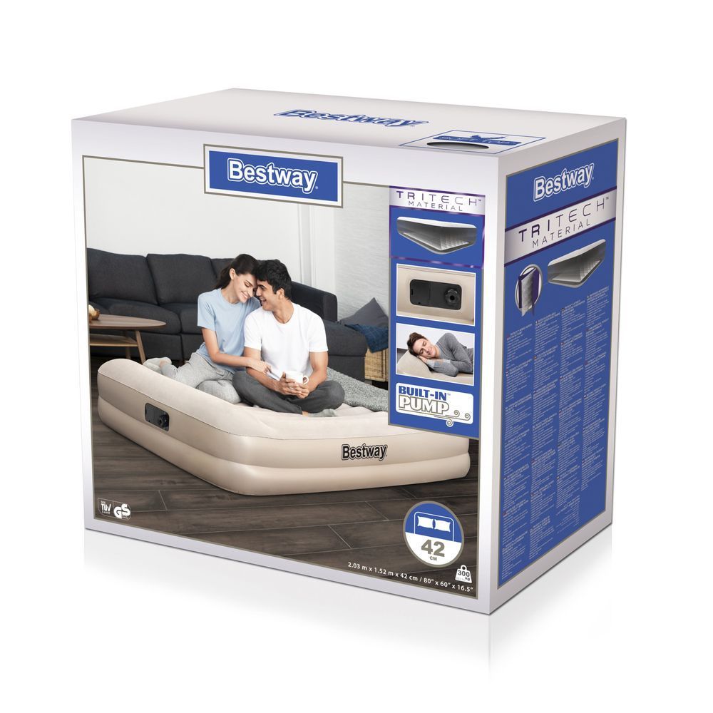Двуспальная надувная кровать Bestway 67696 + встроенный электронасос 220V Premium Airbed (152x203x42 см) Бежевый
