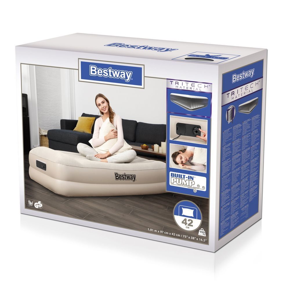 Надувная кровать Bestway 67694 Tritech Airbed (191х97х42 см)  с подголовником, встроенный электронасос Бежевый